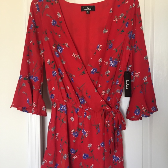 Bronwen Red Floral Print Flounce Sleeve Romper - Picture 2 of 8